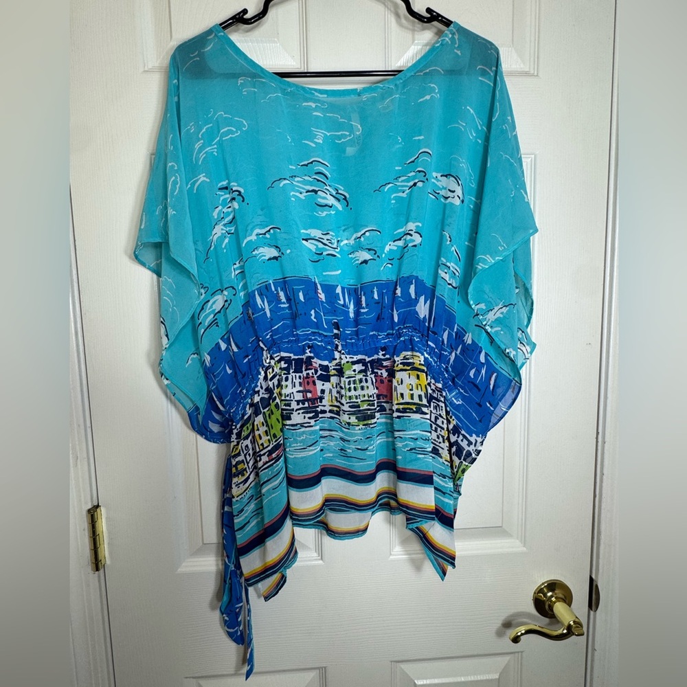 Sunset‎ Rd Blue Coastal Print Tunic Top Size 14 Boxy Fit Boat Scene Caftan